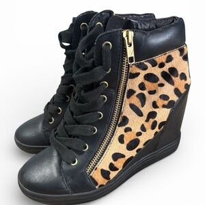 Steve Madden Black and Tan Leopard Wedge Sneakers